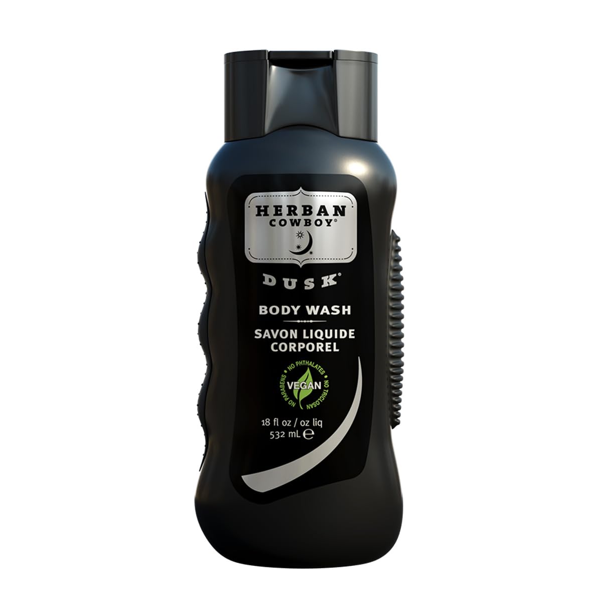 Herban Cowboy Dusk Body Wash bottle-pour showing cedar and lavender scent profile
