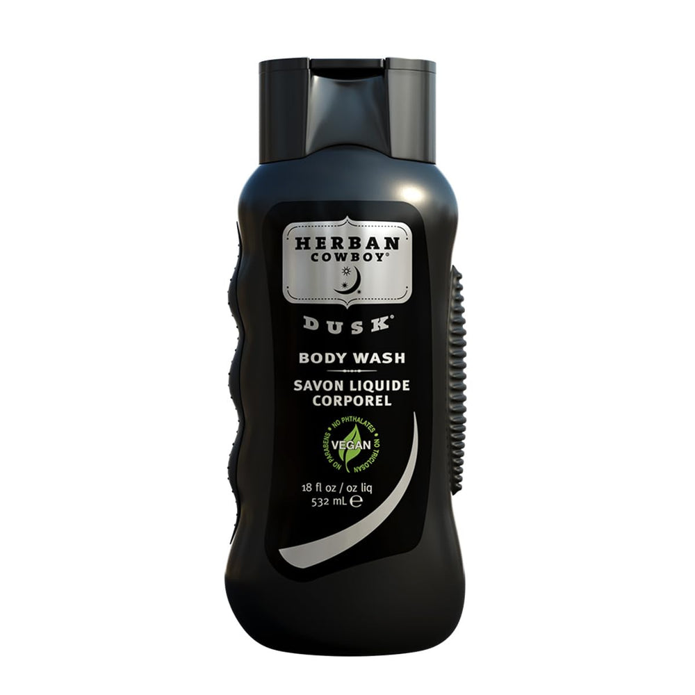 Herban Cowboy Dusk Body Wash bottle-pour showing cedar and lavender scent profile