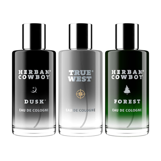 Herban Cowboy men's cologne trio packaging shows vegan, cruelty-free notes for everyday sophistication.