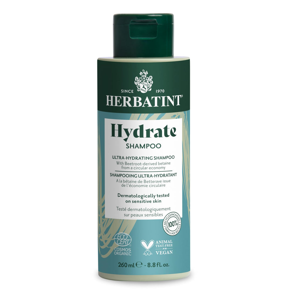 Herbatint Hydrate Shampoo bottle shows deep moisture for nourished hair