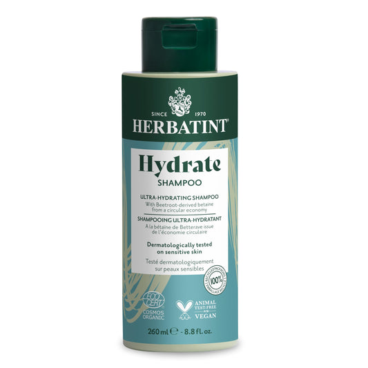 Herbatint Hydrate Shampoo bottle shows deep moisture for nourished hair
