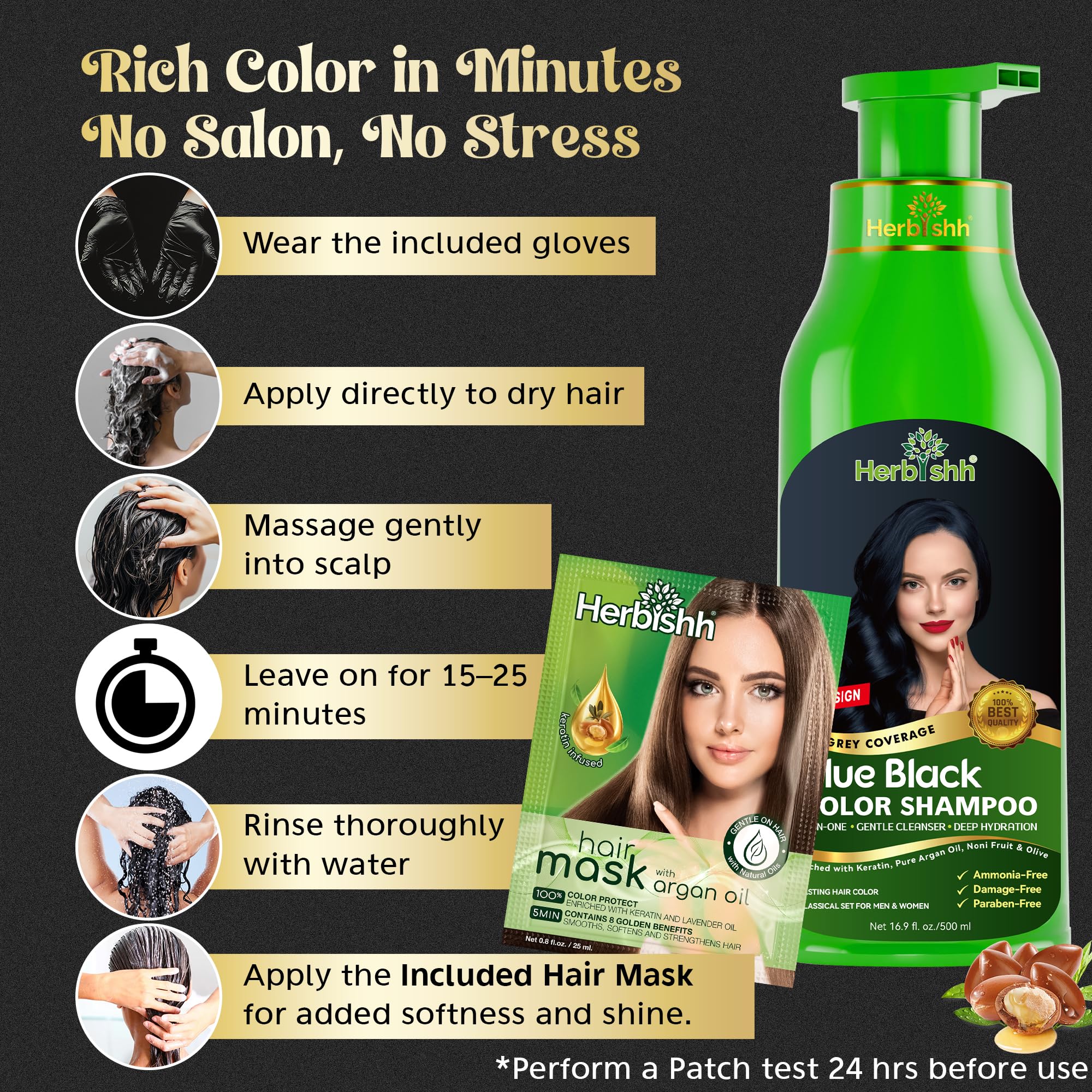 Herbishh Hair Color Shampoo demonstrating 5–10 minute dye process.