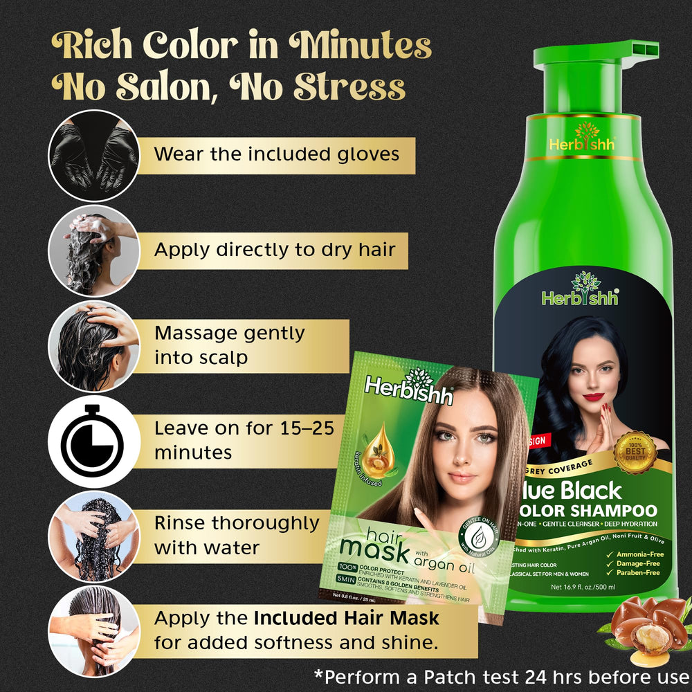 Herbishh Hair Color Shampoo demonstrating 5–10 minute dye process.