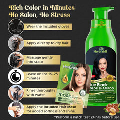 Herbishh Hair Color Shampoo demonstrating 5–10 minute dye process.
