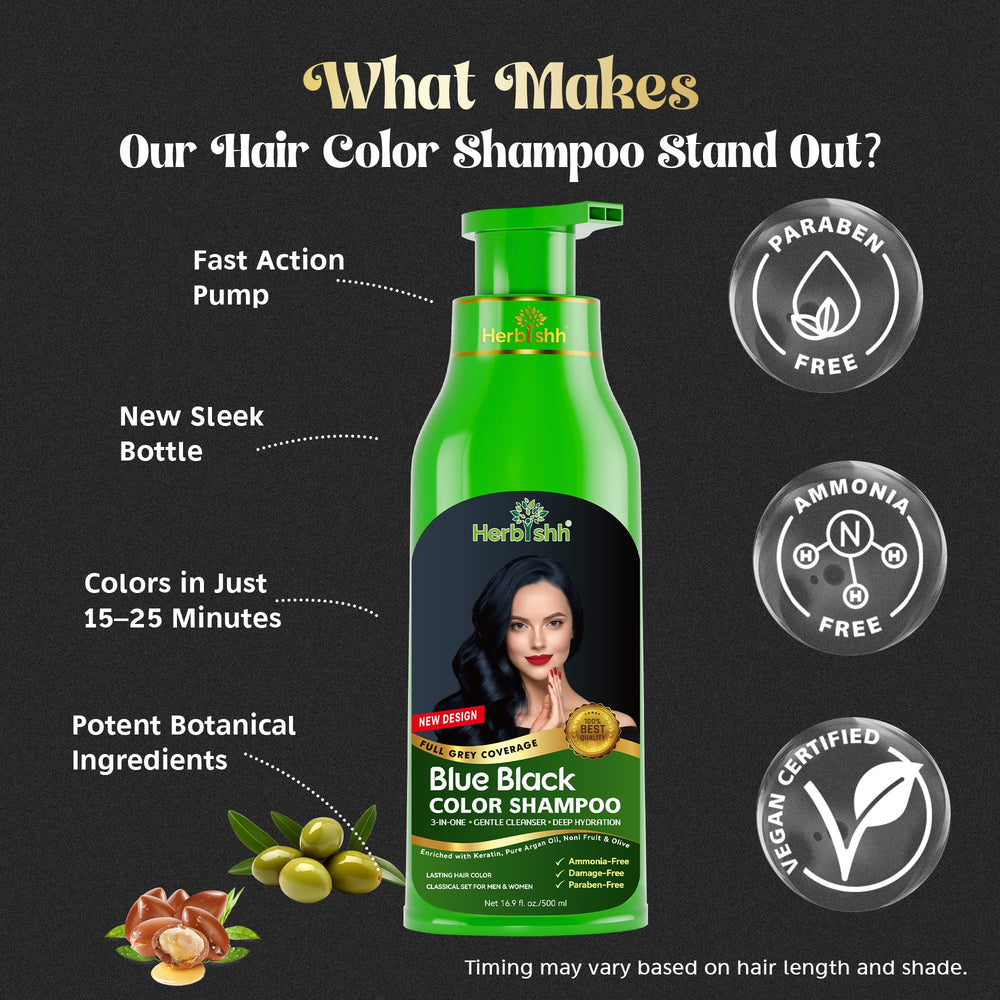Herbishh Hair Color Shampoo 500ml packaging on shelf.