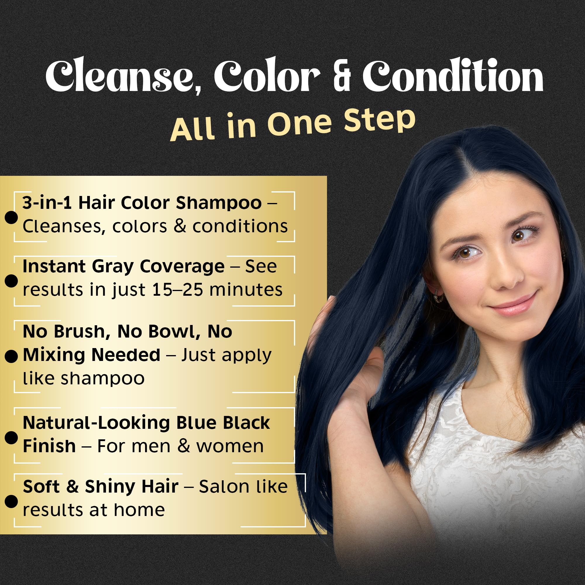 Herbishh Hair Color Shampoo applied to gray hair during 5–10 minute treatment.