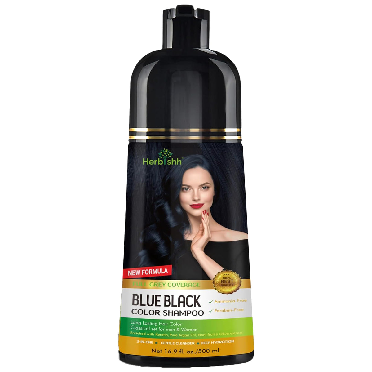 Herbishh Hair Color Shampoo bottle pouring for quick gray coverage.