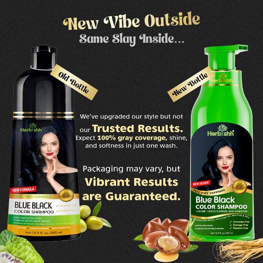 Herbishh Hair Color Shampoo label close-up highlighting 500ml size and color.