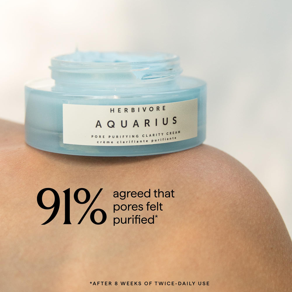 Packaging photo highlights vegan, sustainable formula of HERBIVORE Aquarius Cream