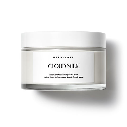 HERBIVORE Cloud Milk Body Cream jar demonstrates hydrating, non-greasy hydration.