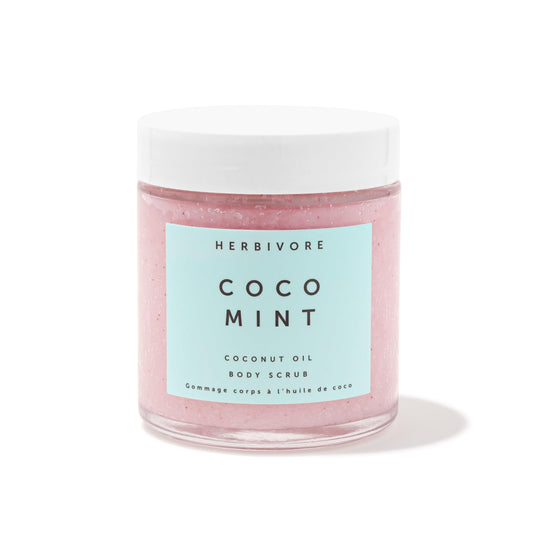 HERBIVORE Coco Mint Body Scrub packshot highlights refreshing peppermint and coconut oil for smooth skin.