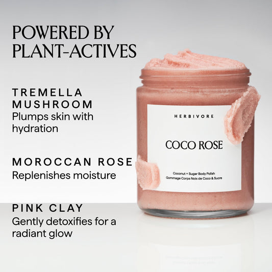 HERBIVORE Coco Rose Body Polish texture close-up for gentle exfoliation