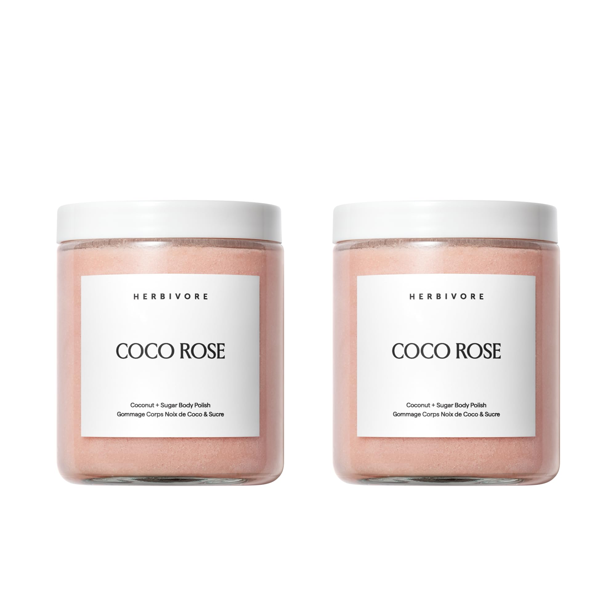 HERBIVORE Coco Rose body polish bottle showing creamy texture for gentle exfoliation and hydration