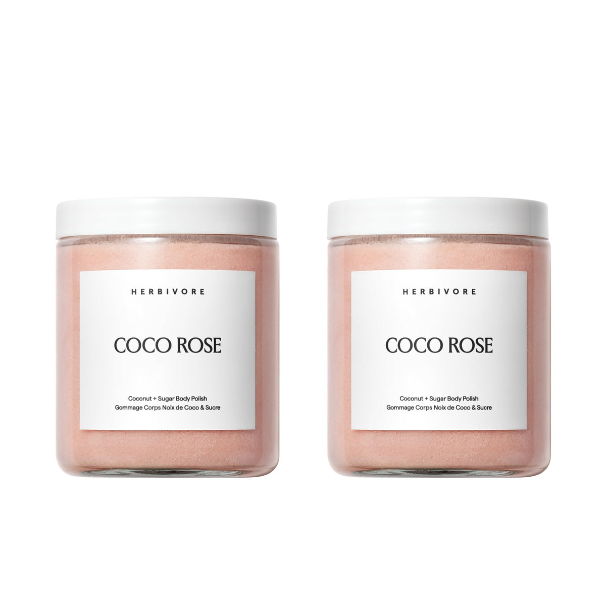 HERBIVORE Coco Rose body polish bottle showing creamy texture for gentle exfoliation and hydration