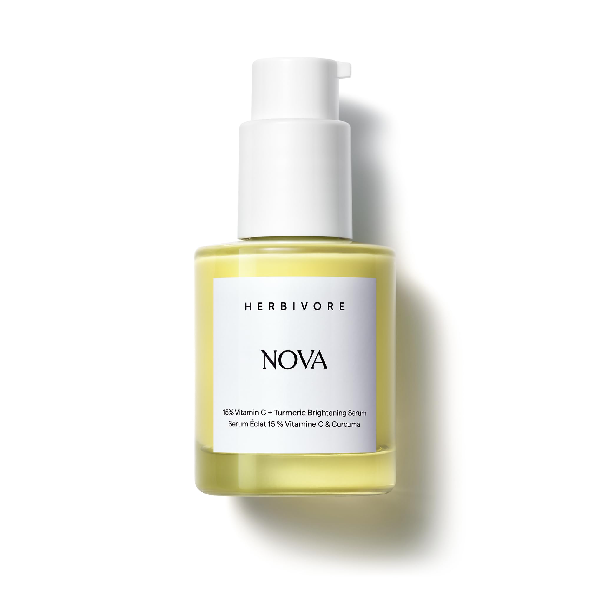 Herbivore Nova bottle with pour shows easy daily vitamin C application for brighter skin