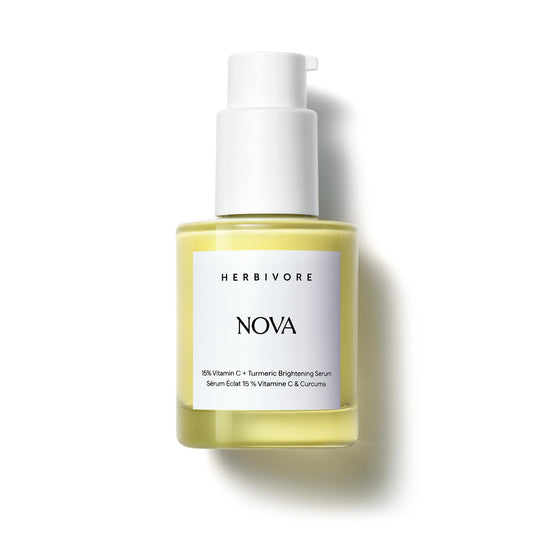Herbivore Nova bottle with pour shows easy daily vitamin C application for brighter skin