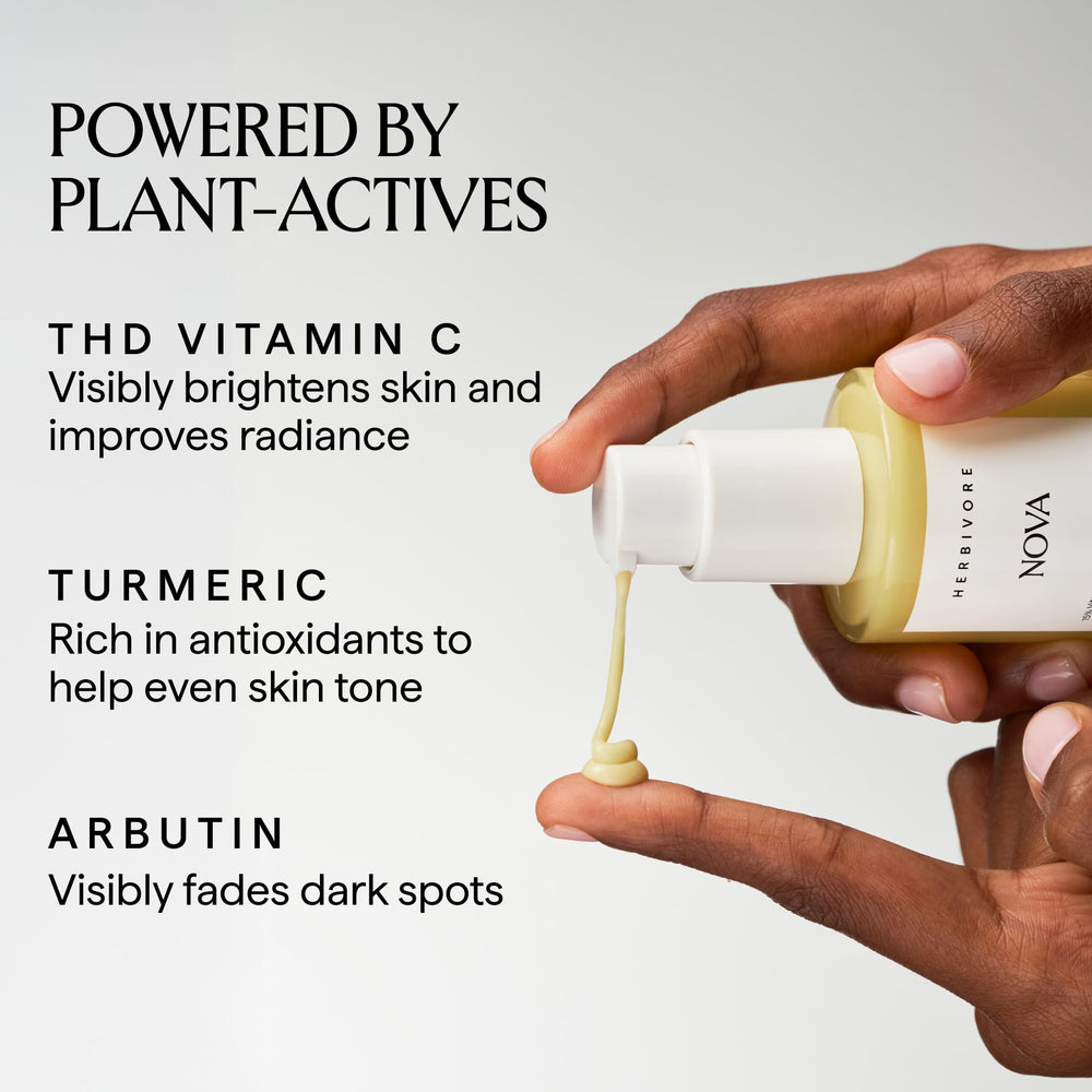 Herbivore Nova bottle features THD vitamin C serum for even-toned skin