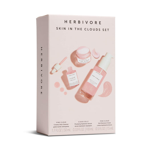 HERBIVORE Skin in the Clouds serum bottle highlights plumping hydration for dewier skin.