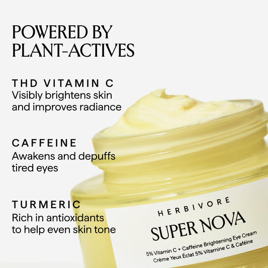 HERBIVORE Super Nova Eye Cream label emphasizes clean, plant-based formulation.