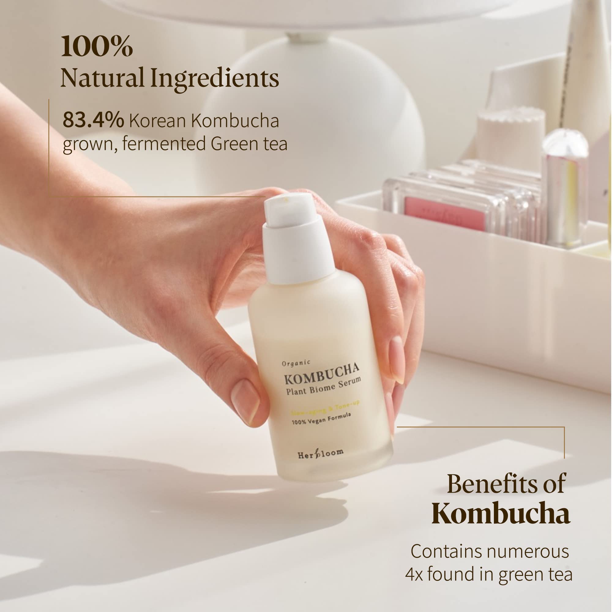 Herbloom Kombucha Biome Serum bottle closeup highlights smooth texture and non-sticky finish.
