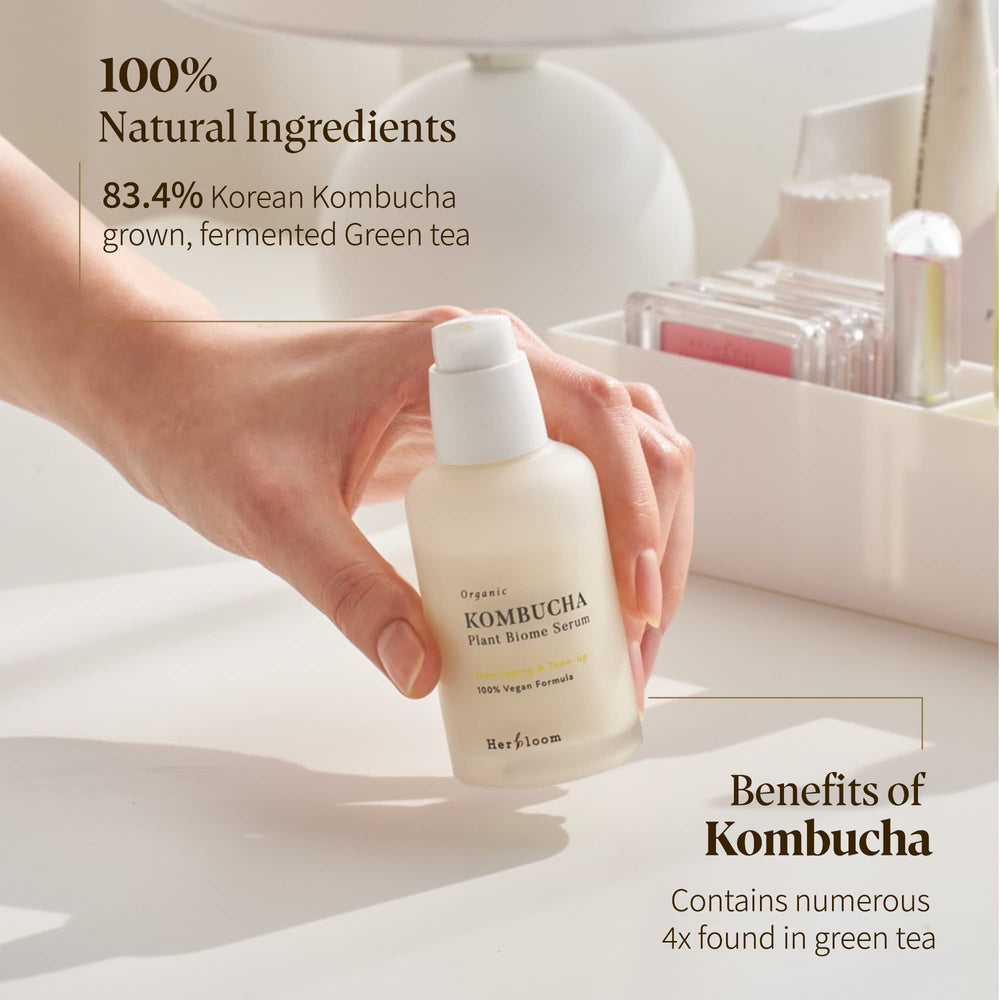 Herbloom Kombucha Biome Serum bottle closeup highlights smooth texture and non-sticky finish.