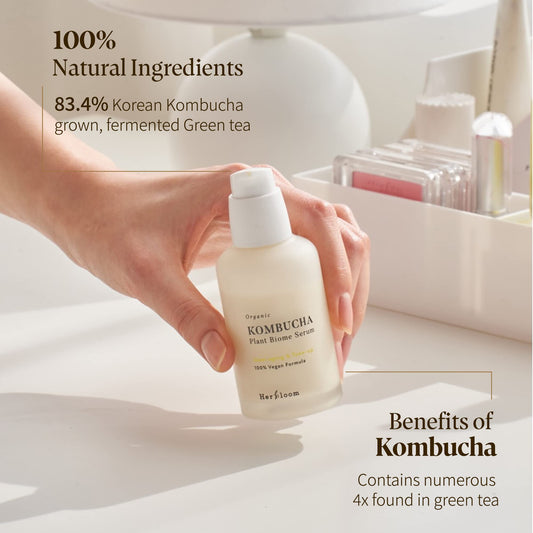 Herbloom Kombucha Biome Serum bottle closeup highlights smooth texture and non-sticky finish.