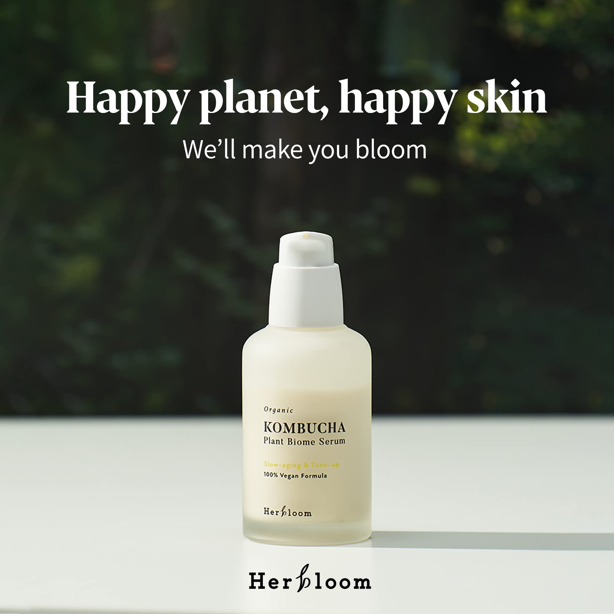 Herbloom Kombucha Biome Serum packaging box emphasizes vegan, cruelty-free ethos.