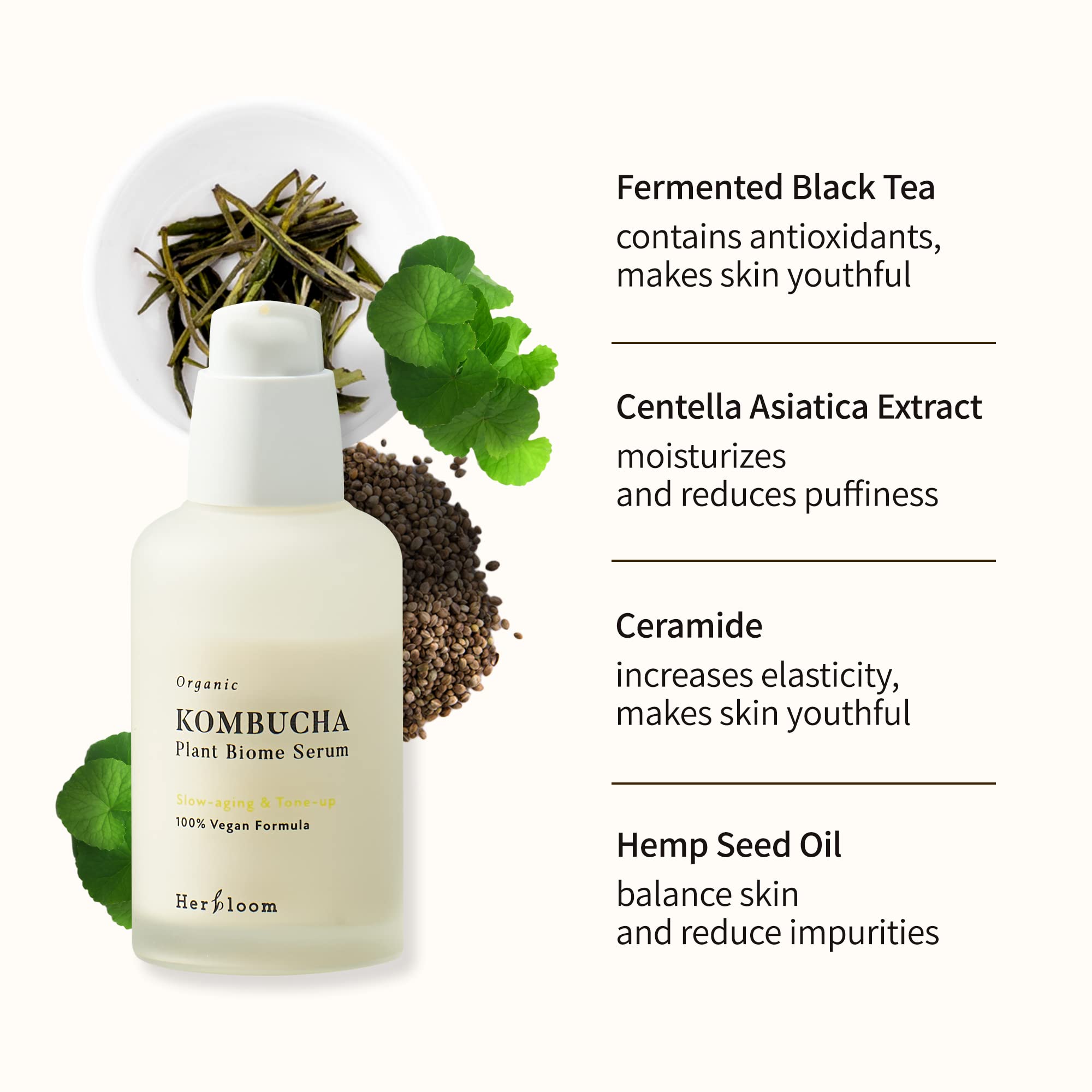 Herbloom Kombucha Biome Serum texture swirl illustrates silky, fast-absorbing hydration.