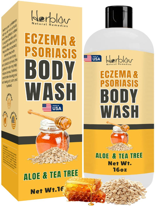 Herblov Eczema Body Wash bottle pour for gentle cleansing and hydration