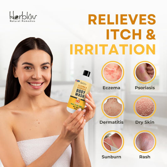 Herblov Eczema Body Wash label close-up showing natural ingredients