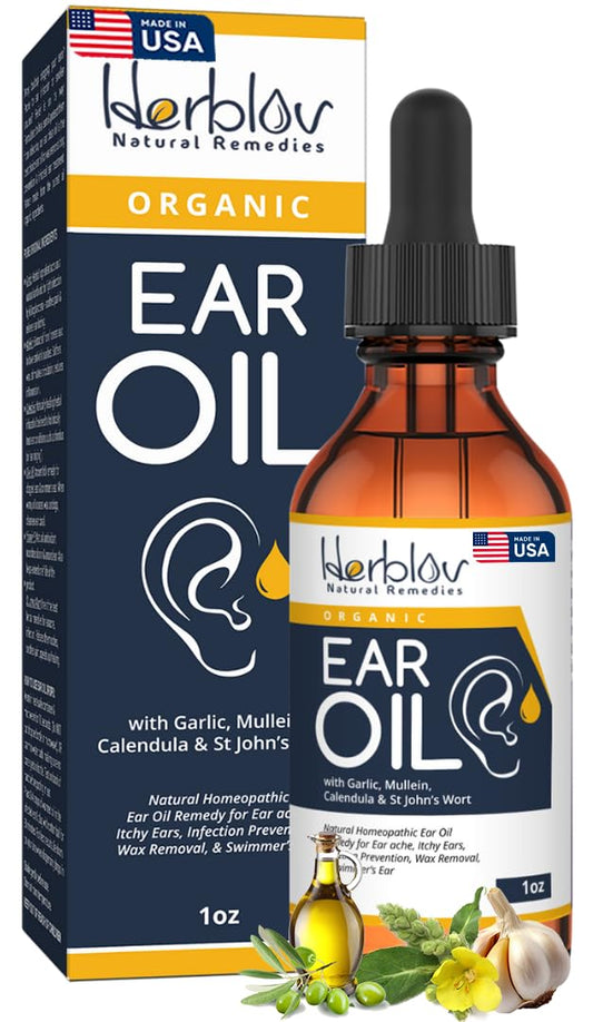 Herblov Organic Ear Oil bottle for gentle ear care and wax removal.