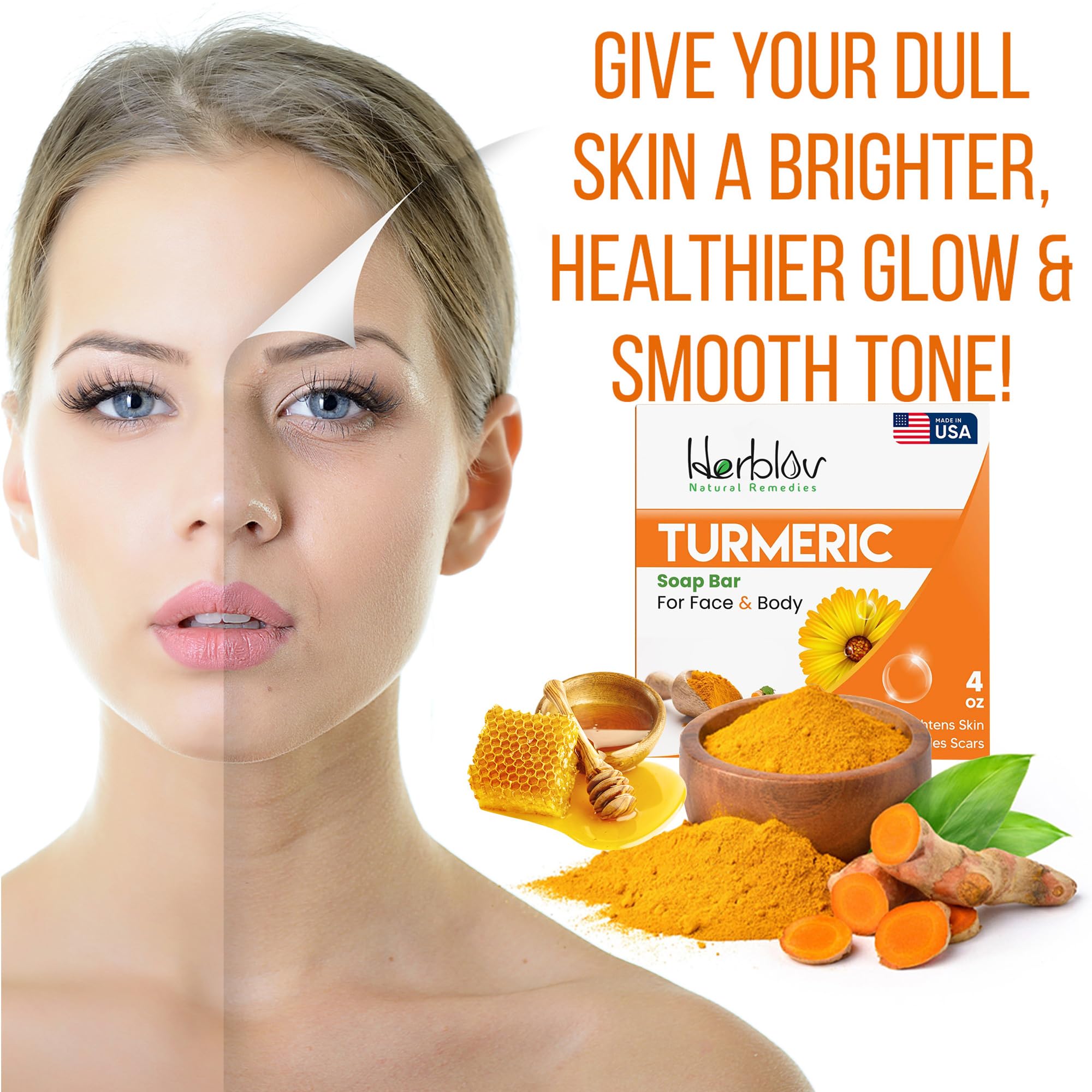 Herblov turmeric soap bar in hand promoting even skin tone and gentle cleansing.