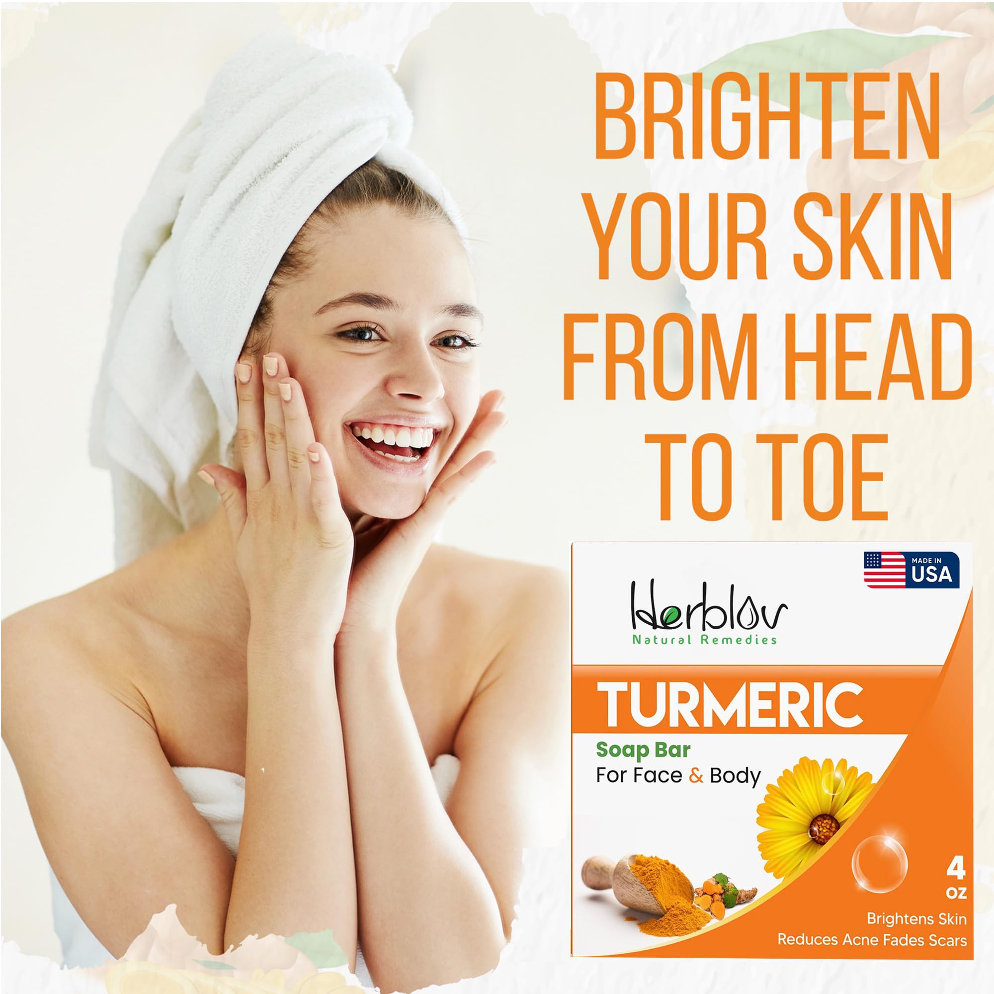 Herblov turmeric soap bar lathering on skin for soothing hydration.