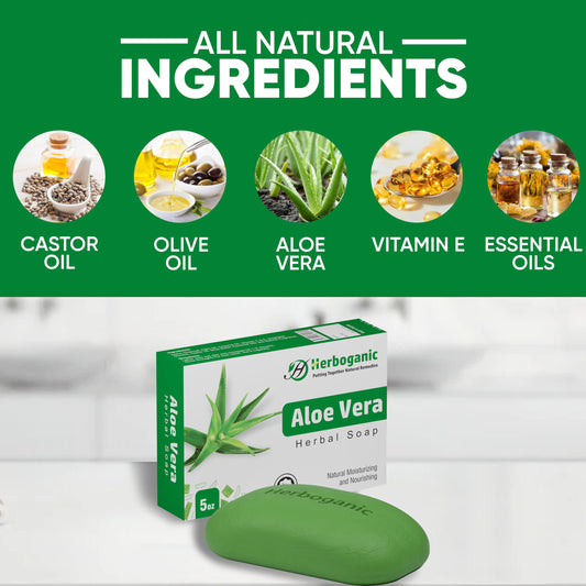 HERBOGANIC Aloe Vera Herbal Soap closeup bar highlighting natural soothing ingredients