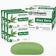 HERBOGANIC Aloe Vera Herbal Soap six bars on display for everyday cleansing