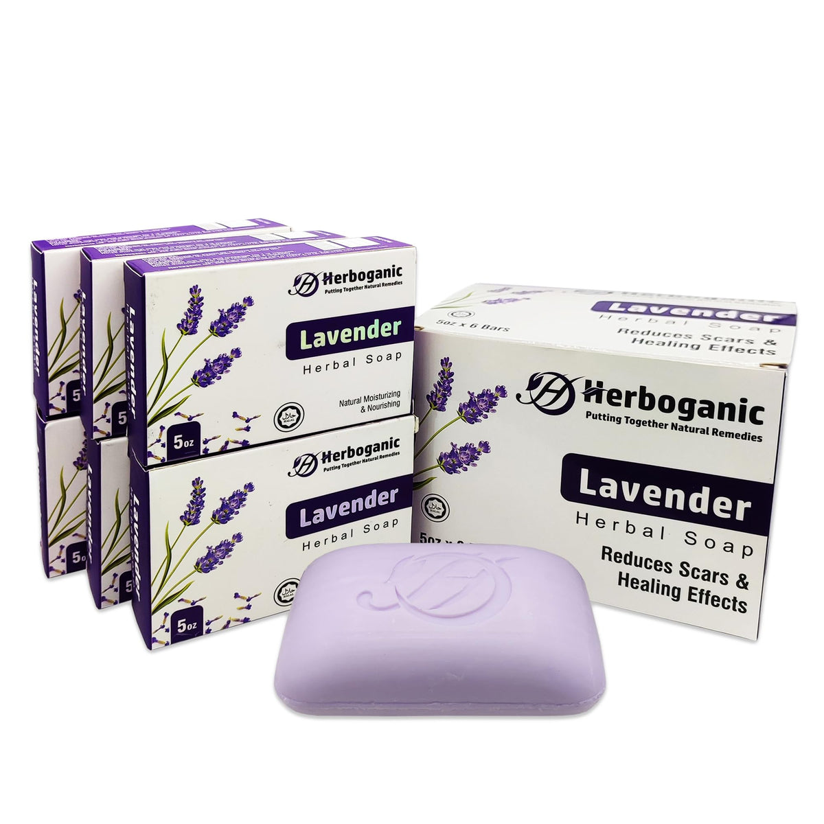 HERBOGANIC Lavender Herbal Soap bar image showing the 6-pack for all skin types