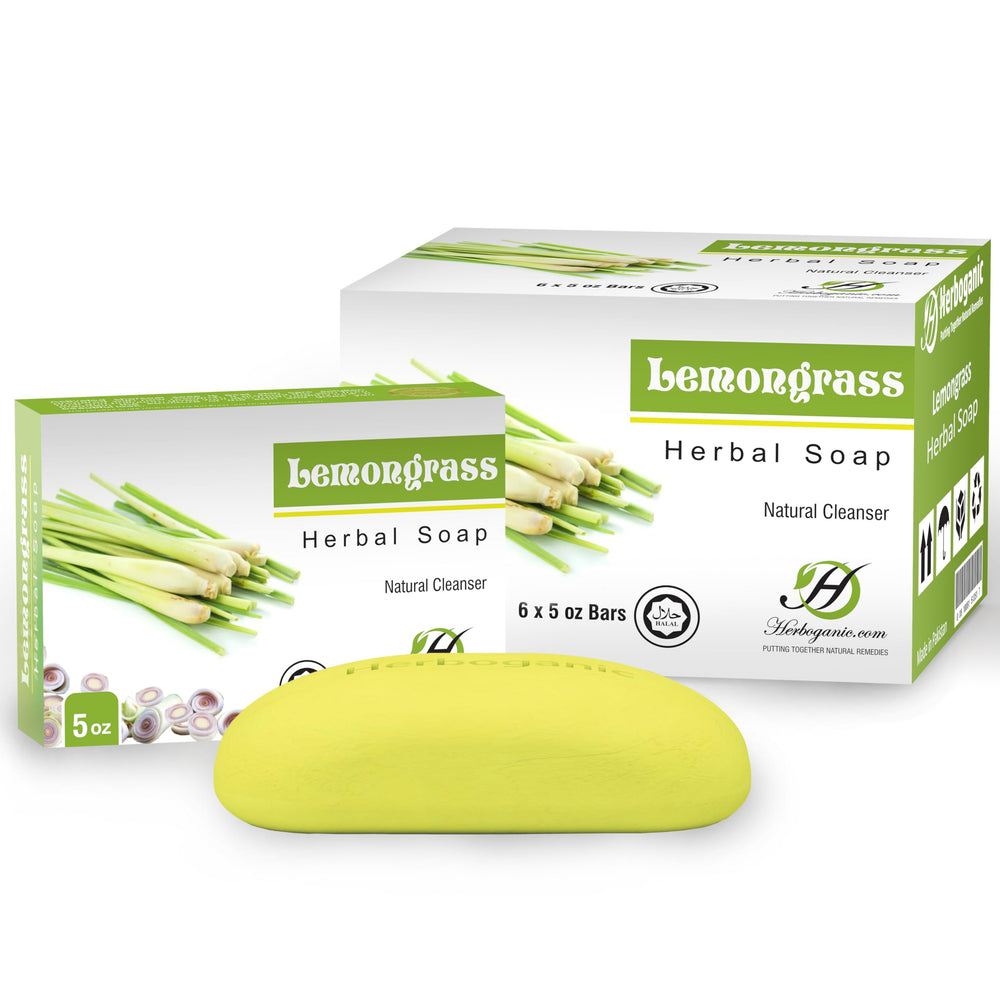 HERBOGANIC Lemongrass Herbal Soap bar with natural ingredients for refreshed skin.