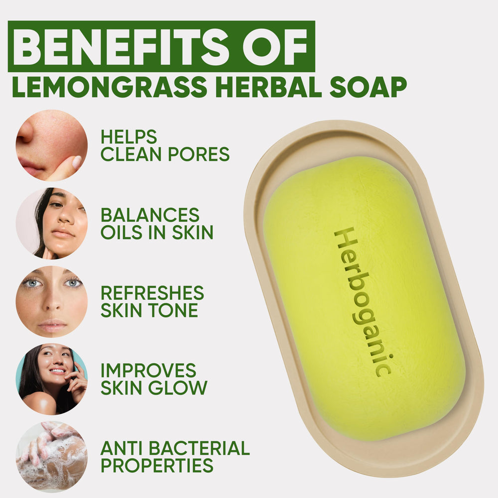 Lemongrass-infused lather from HERBOGANIC soap supports balanced hydration.