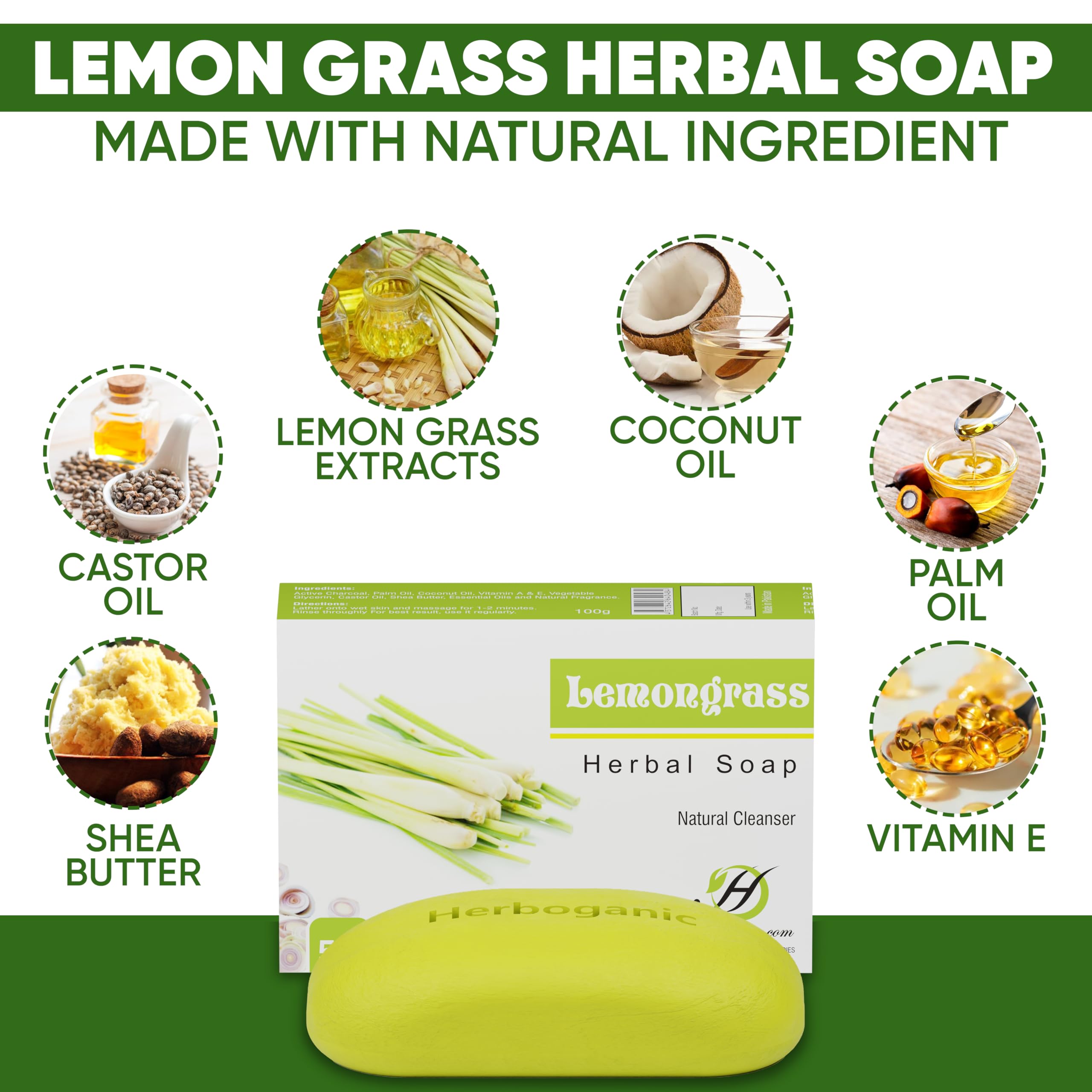 HERBOGANIC Lemongrass Herbal Soap bar cleanses gently and leaves a soothing aroma.