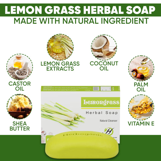 HERBOGANIC Lemongrass Herbal Soap bar cleanses gently and leaves a soothing aroma.