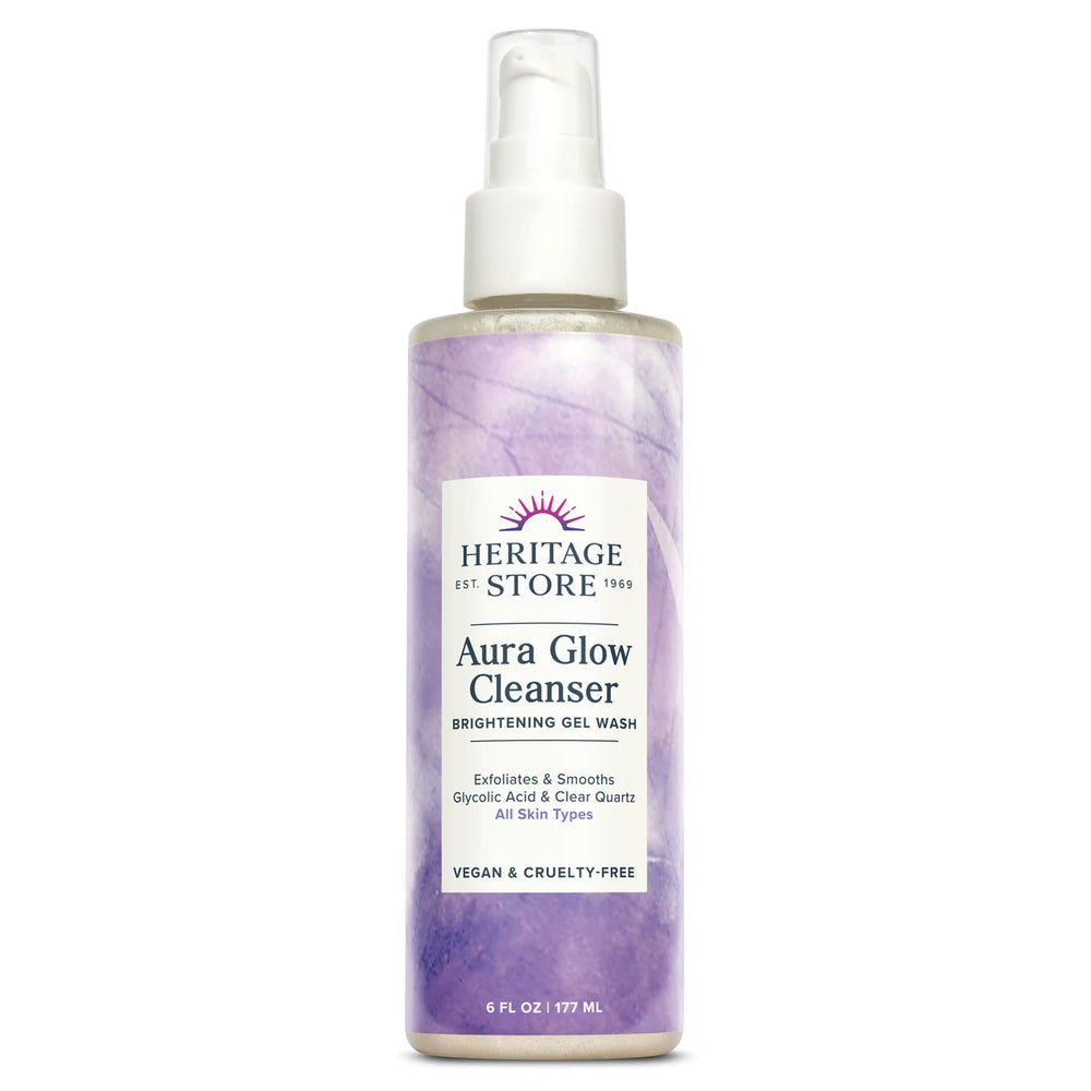 Heritage Store Aura Glow Cleanser bottle front showing brand and product name for daily brightness.