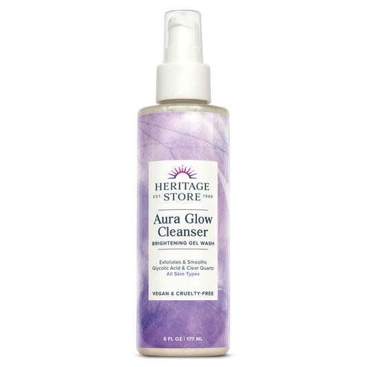 Heritage Store Aura Glow Cleanser bottle front showing brand and product name for daily brightness.