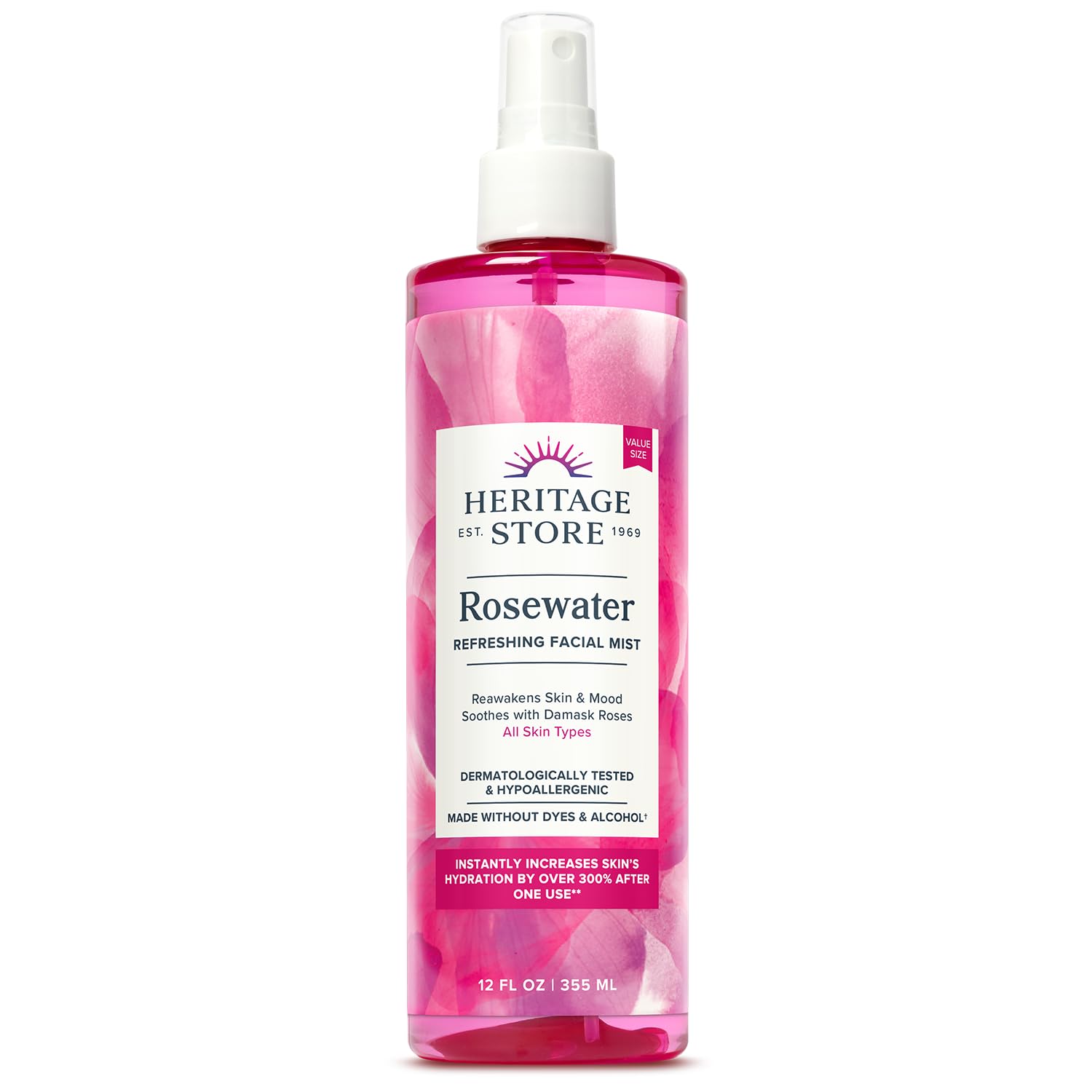 Heritage Store Rosewater bottle closeup, a refreshing skin mist suitable for all skin types.