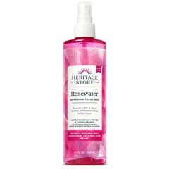 Heritage Store Rosewater bottle closeup, a refreshing skin mist suitable for all skin types.
