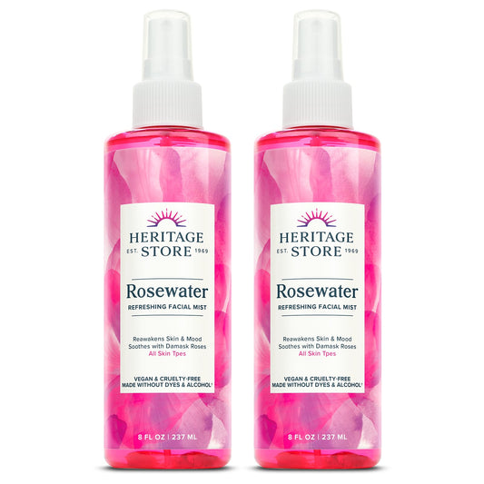 HERITAGE STORE Rosewater facial spray close-up for hydrated, glowing skin.