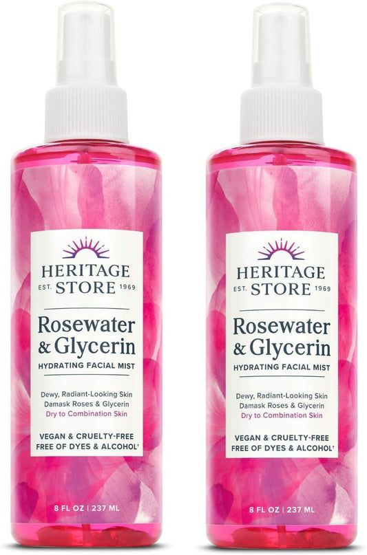 Heritage Store Rosewater & Glycerin bottle for hydrating skin after cleansing.