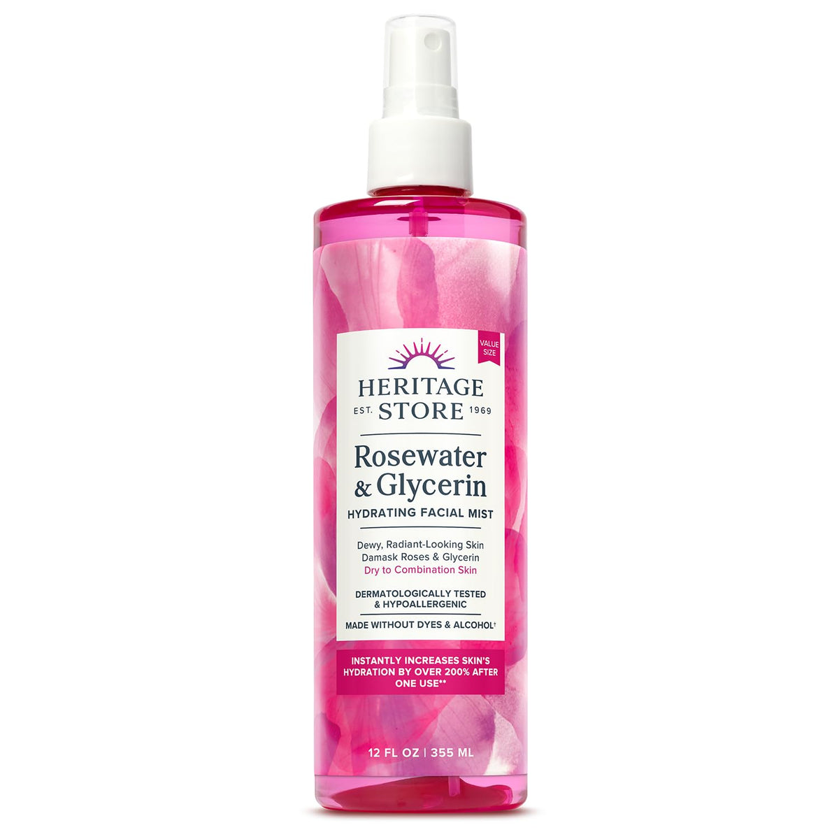 Heritage Store Rosewater Glycerin Hydrating Mist bottle for quick hydration.