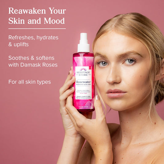 Heritage Store Rosewater mist spray demonstrates even, lightweight hydration across the face.