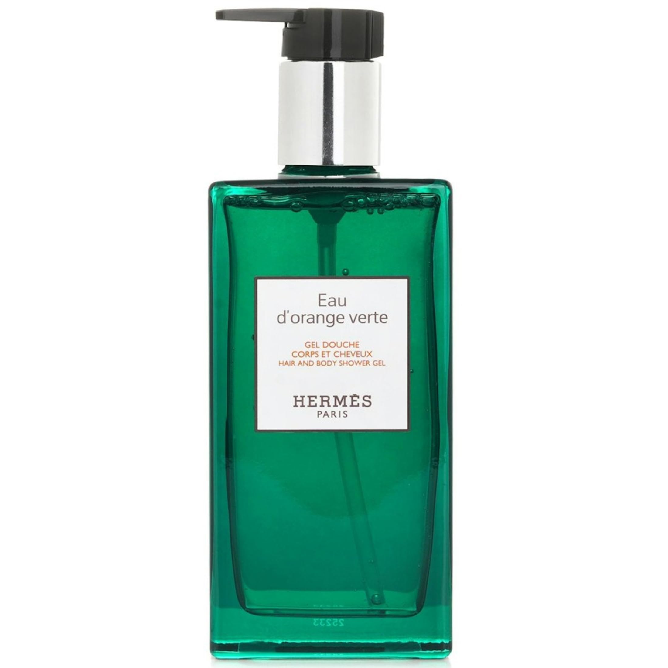 Hermès Eau d'Orange Verte bottle offers a refreshing, easy rinse for hair and skin.