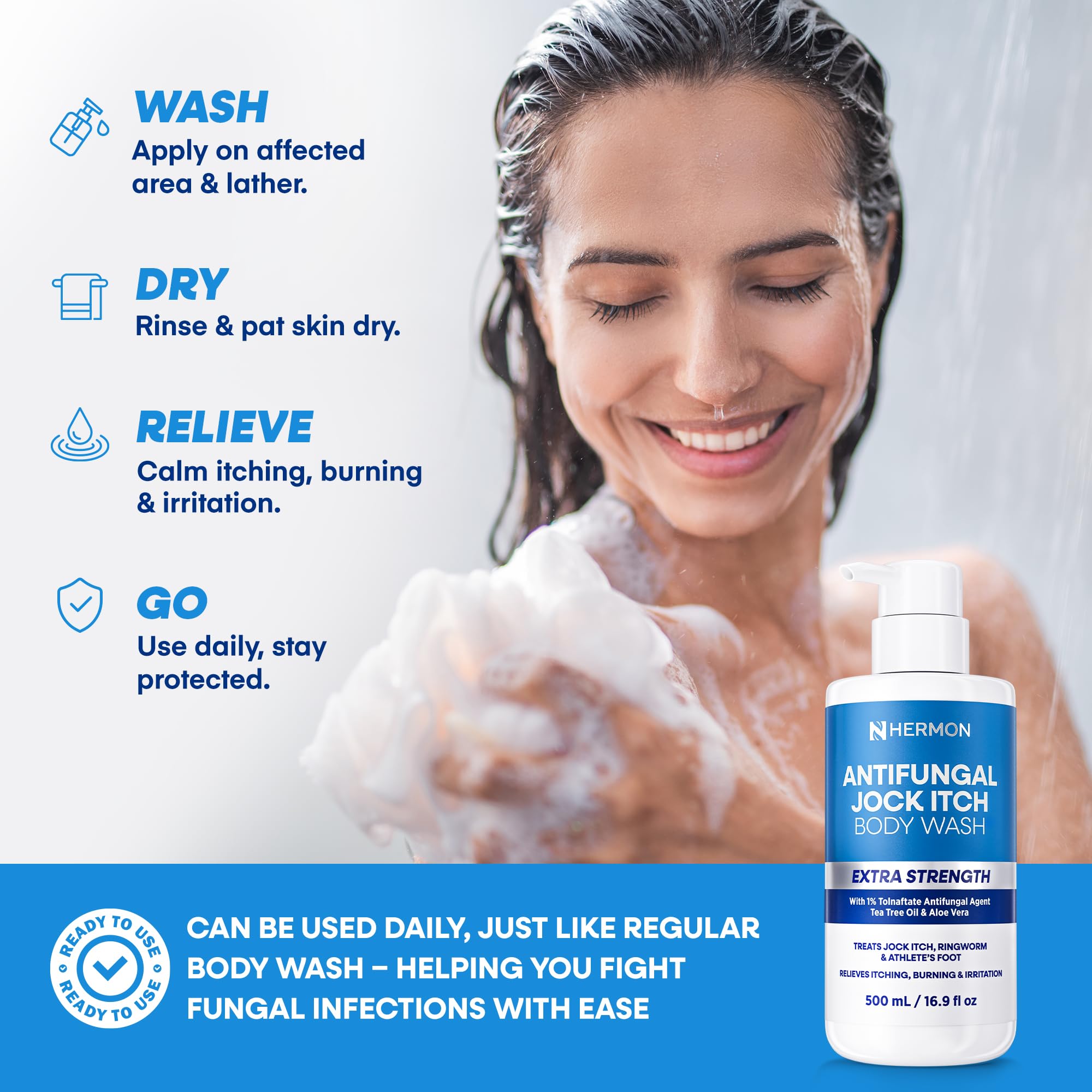 Hermon Antifungal Body Wash back-chest-feet-use shows versatile application areas